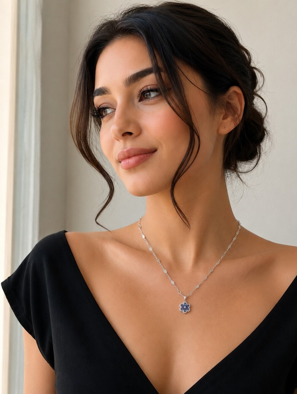 Elegant Silver Necklace with Blue Flower Pendant